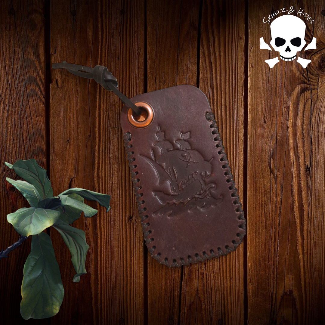 Premium Leather Slip "Brown Pirate Ship" V2 w/Lanyard (LG) - Italian Margotta Leather