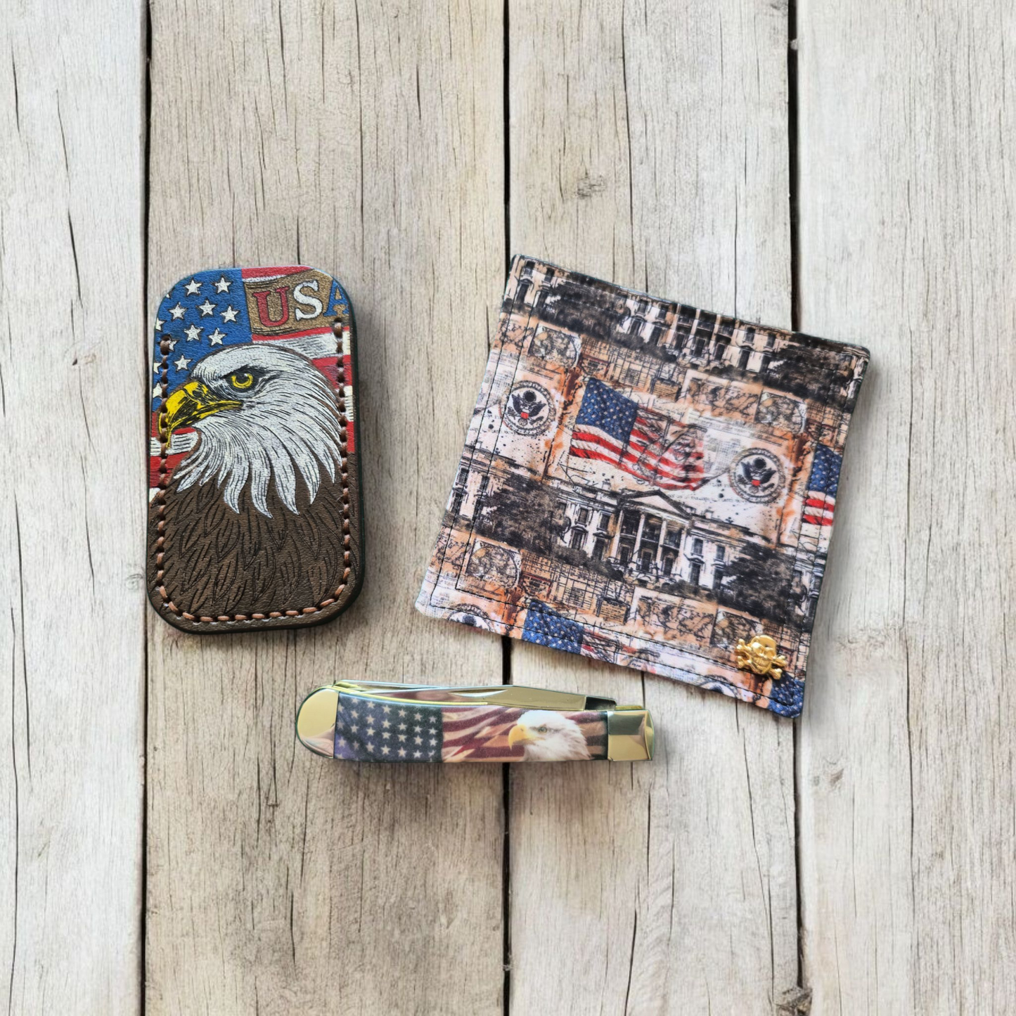 Premium Leather Pocket Knife Slip - (LG) Patriotic USA Eagle