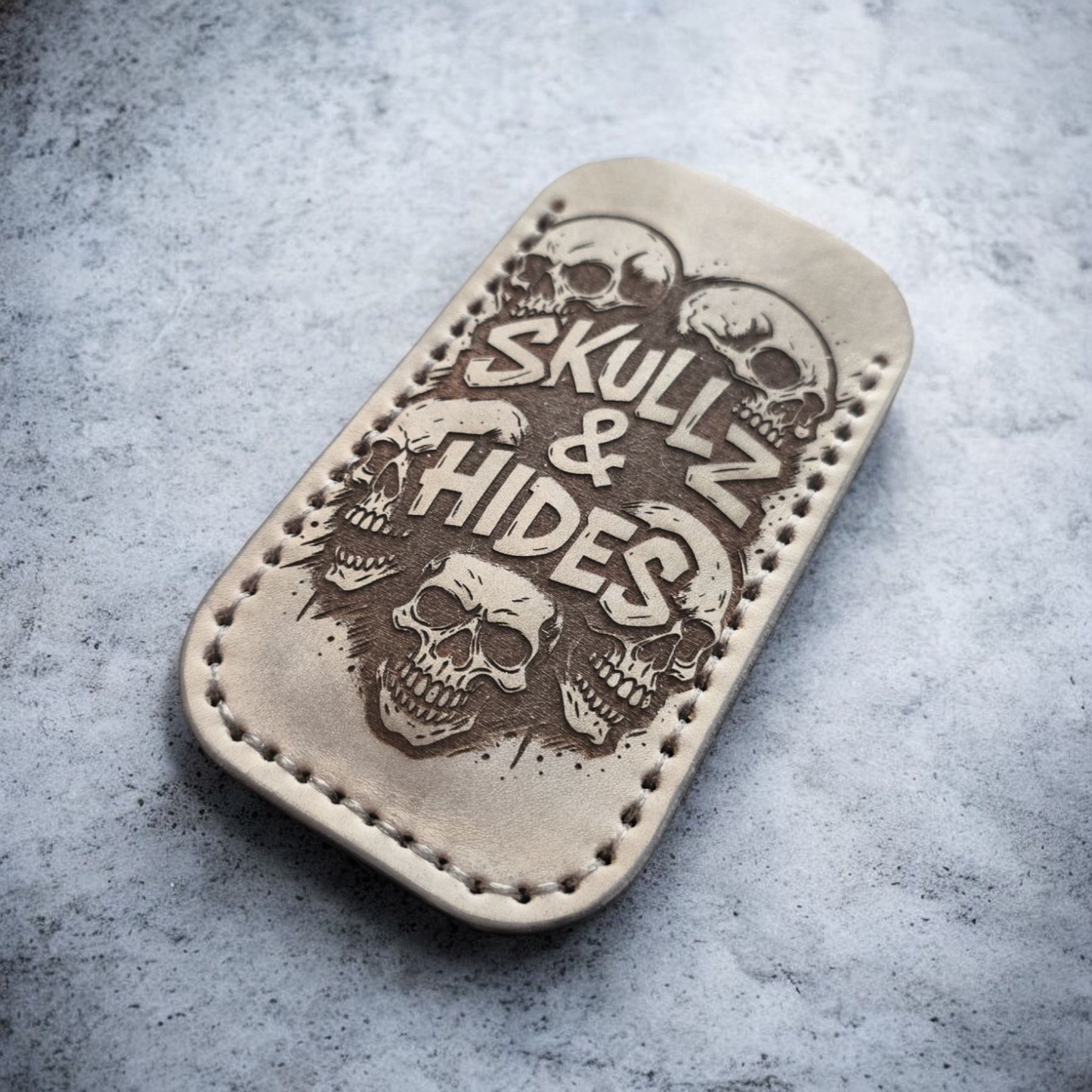 Premium Leather Pocket Knife Slip - (LG) Skullz Stack - Grey