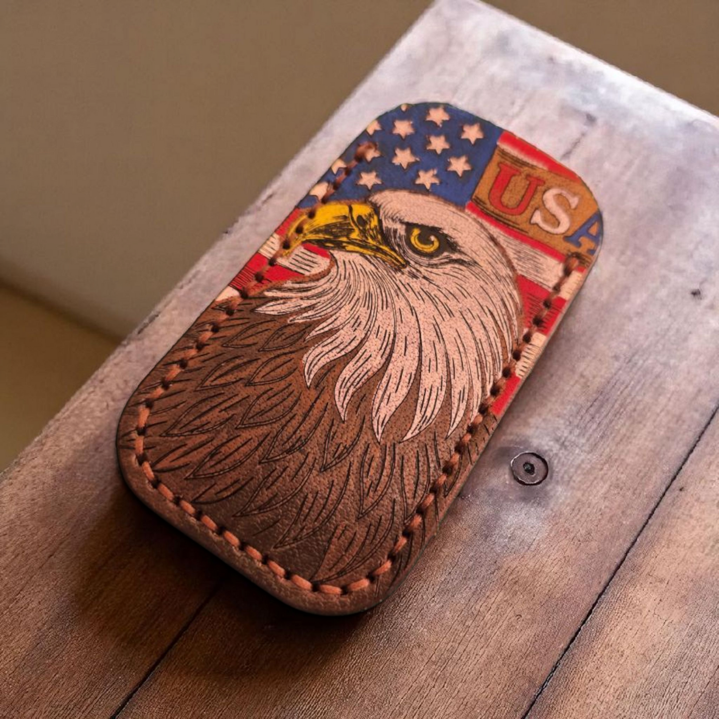 Premium Leather Pocket Knife Slip - (LG) Patriotic USA Eagle