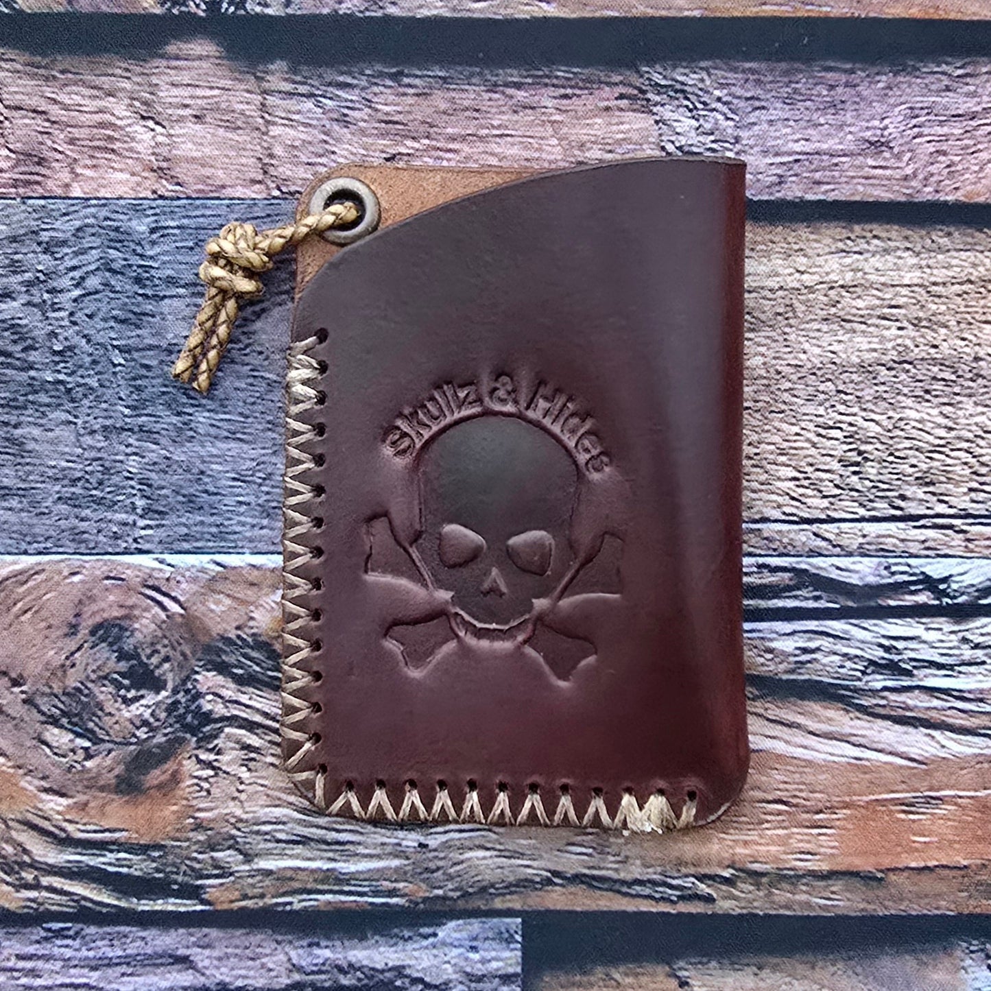 The Skullz & Hides Card Slip Minimalist Wallet Cognac (Left Side)