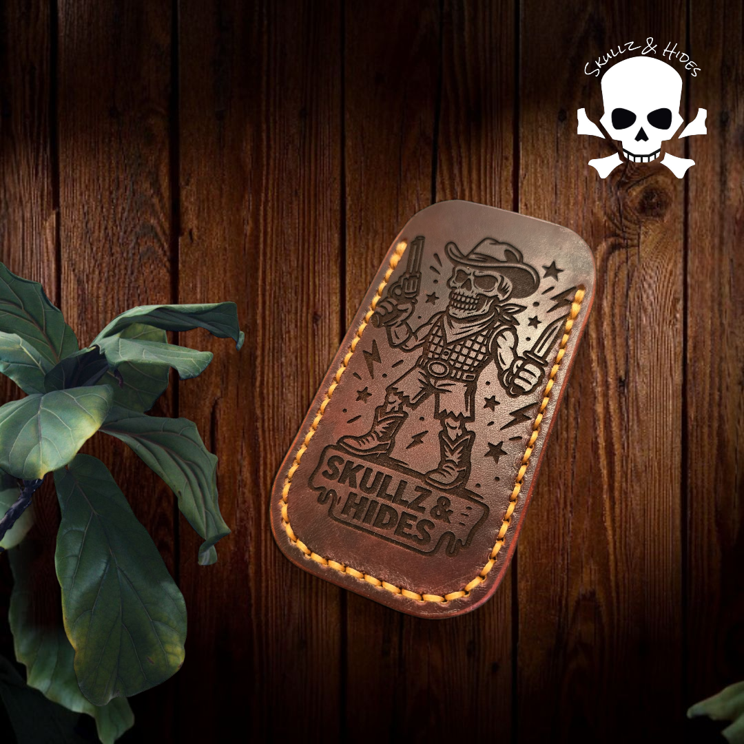 Premium Leather Pocket Knife Slip - (LG) Cowboy Skully