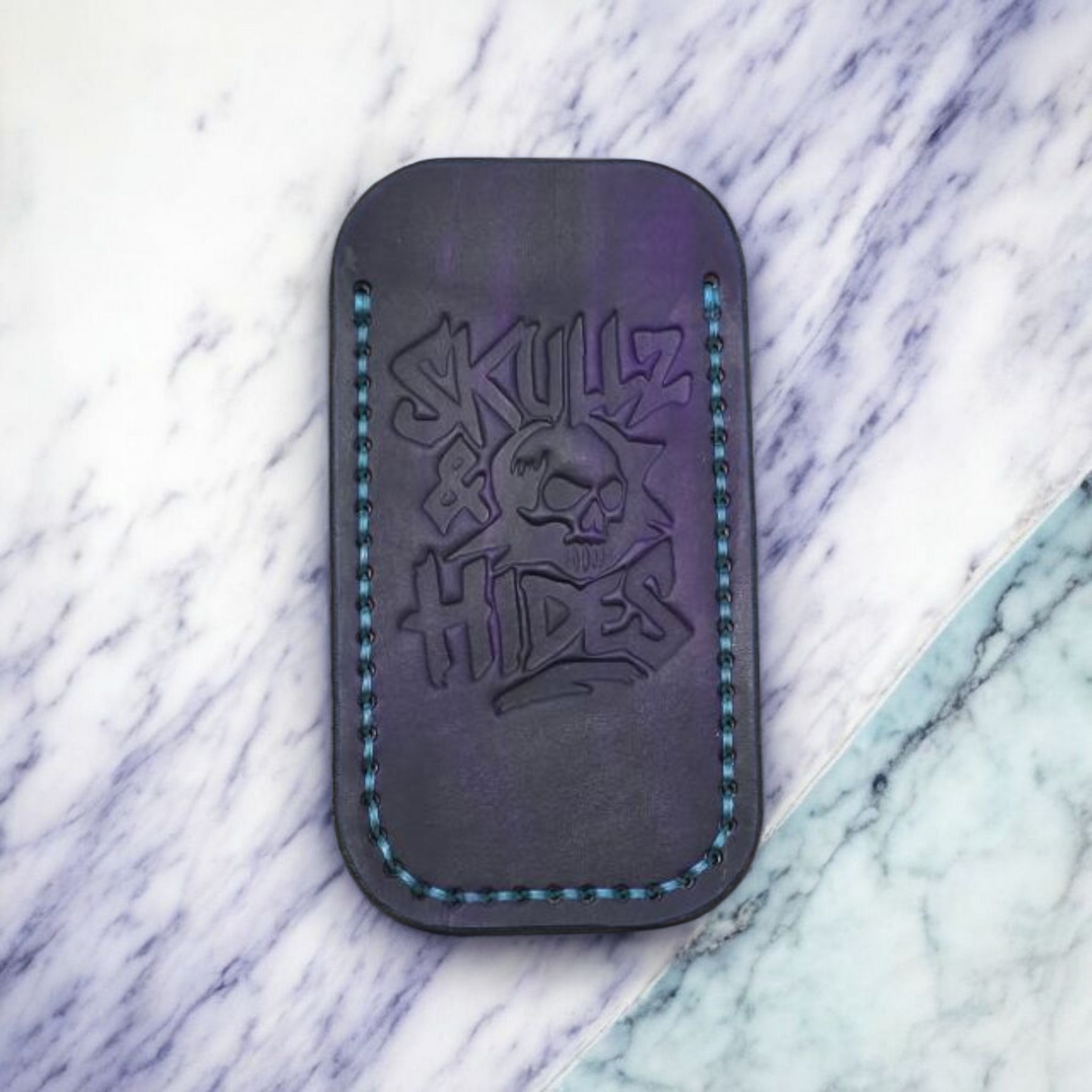Premium Leather Pocket Knife Slip - (LG) Skullz & Hides PurpTurq
