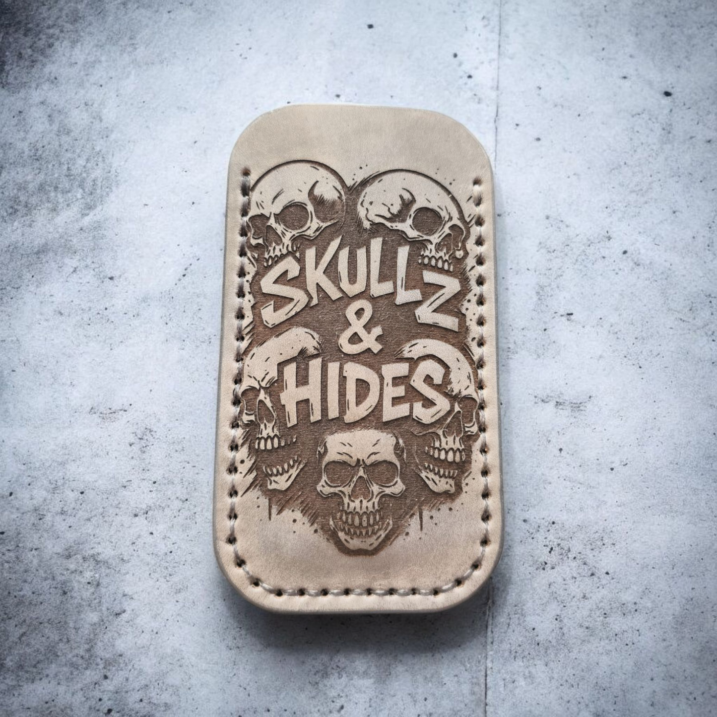 Premium Leather Pocket Knife Slip - (LG) Skullz Stack - Grey