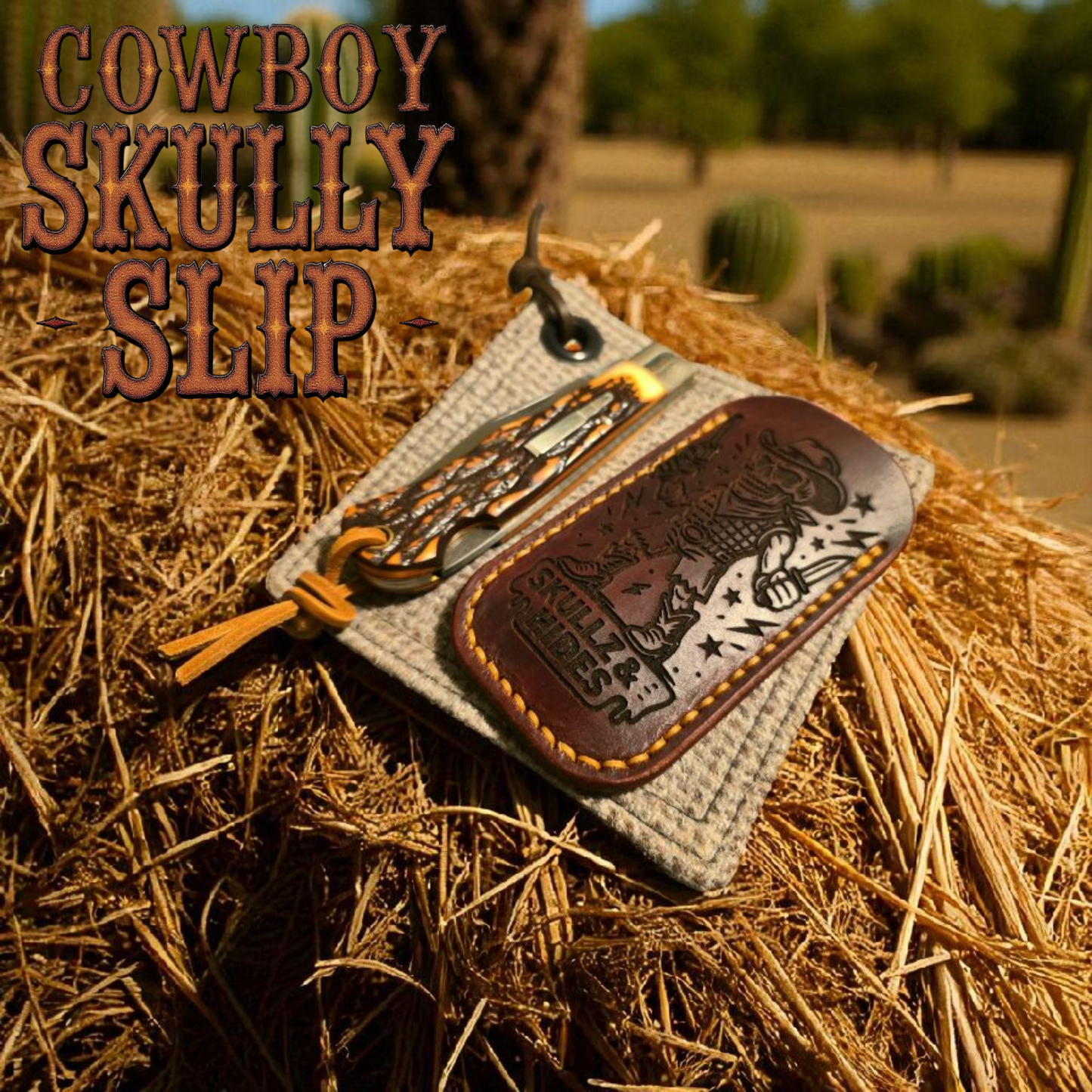 Premium Leather Pocket Knife Slip - (LG) Cowboy Skully