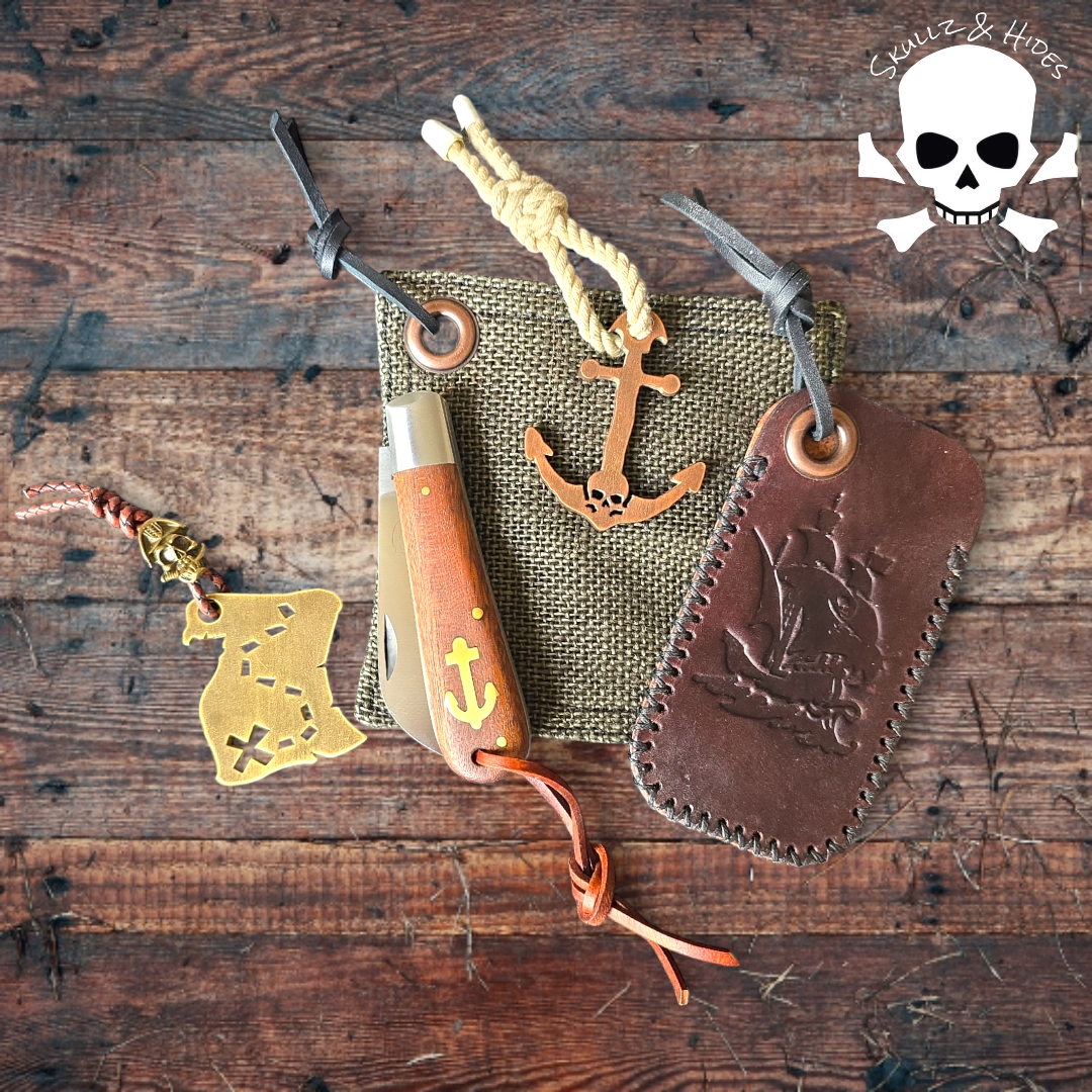 Premium Leather Slip  "Brown Pirate Ship" V2 w/Lanyard (LG) - Italian Margotta Leather